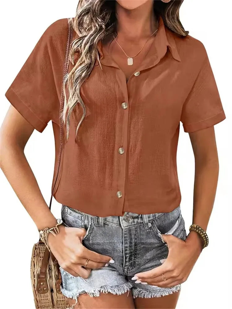 Novedad de verano para mujer, camisas informales, Tops, blusas de manga corta lisas con botones sueltos para mujer, blusa blanca de oficina con solapa a la moda para mujer