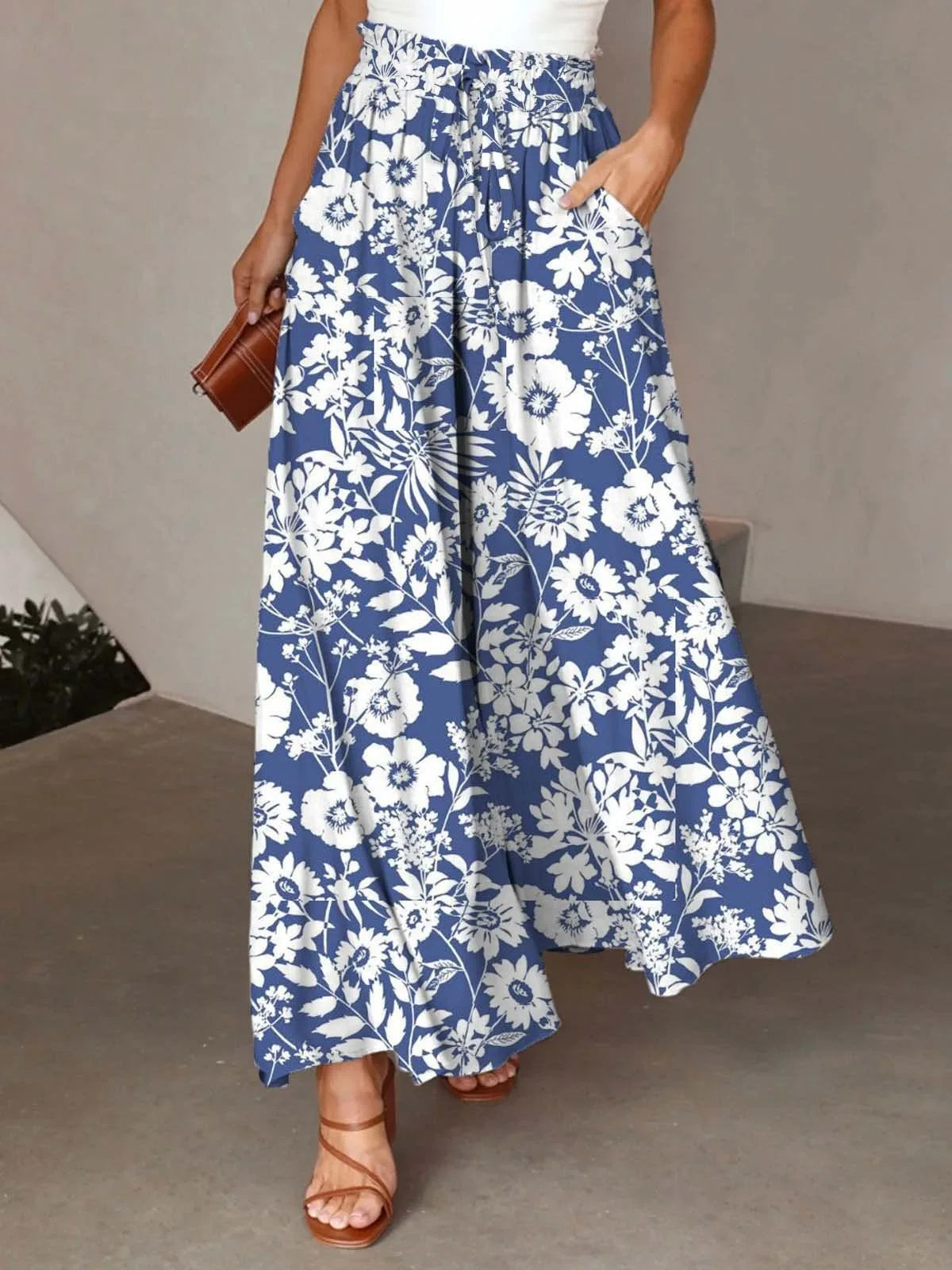 Pantalón largo de pierna ancha para mujer, Pantalón recto con estampado Floral, cintura elástica, ropa de calle Y2k, Capris Maxi elegante holgado de verano