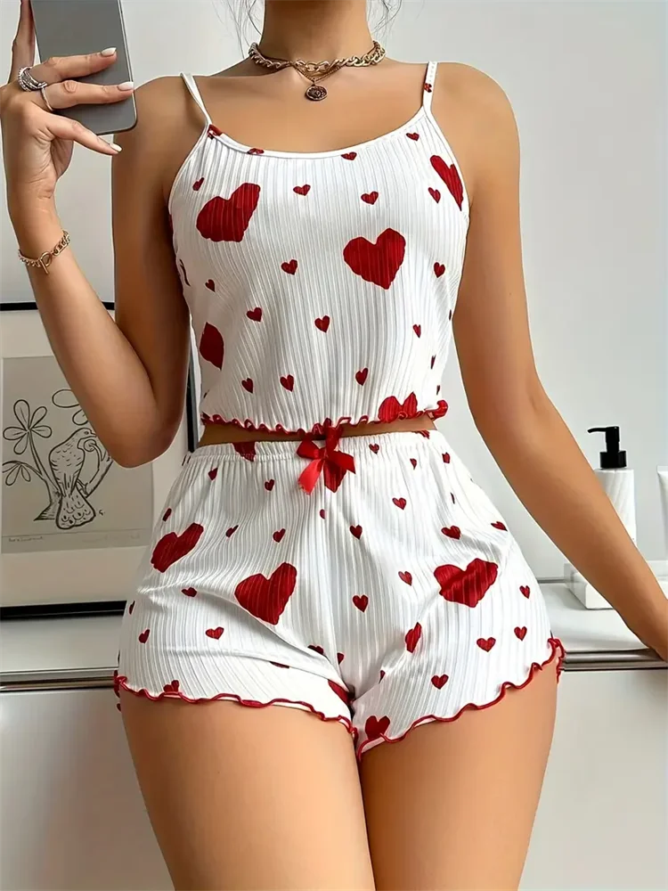 Conjunto de pijamas para mujer, ropa de dormir con tirantes, chaleco y pantalones cortos, ropa de dormir con estampado de corazón rojo, lencería Sexy, 5 tallas, S, L, XL, 2XL