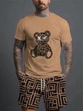 Conjunto informal de verano para hombre, pantalones cortos de playa para deportes al aire libre, moda urbana, estampado de oso, camiseta de manga corta ligera, 2025