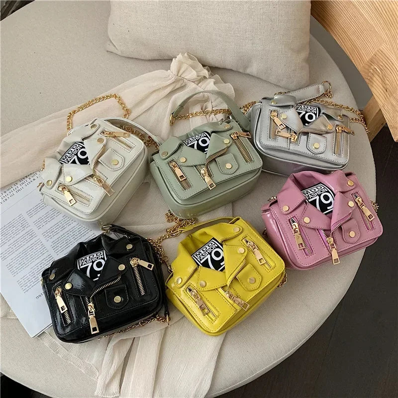 Bolsos de motocicleta de diseñador de marca famosa de moda europea, bolso de mensajero de hombro con forma de chaqueta de lujo, bolso de mano de cuero PU