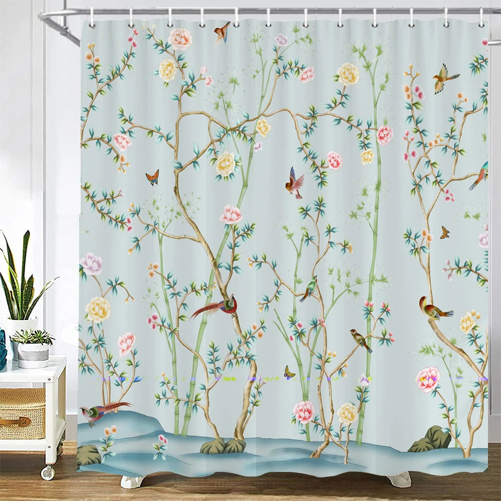 Cortinas de baño de flores, pájaros y plantas europeas, cortina de ducha impermeable, decoración de baño con impresión 3D con gancho, pantalla de baño