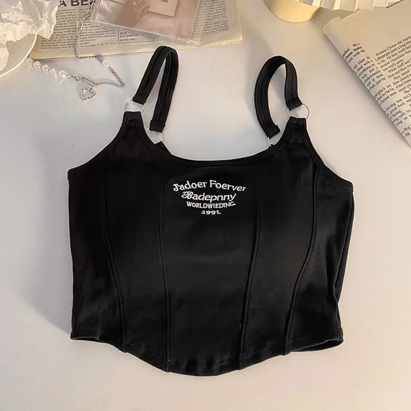 Top corto Y2K para mujer, camiseta sin mangas ajustada con dobladillo, informal, Sexy, ropa de calle blanca, camisetas sin mangas con letras y almohadilla，top mujer tops for women 2023，women's tops tees top y2k