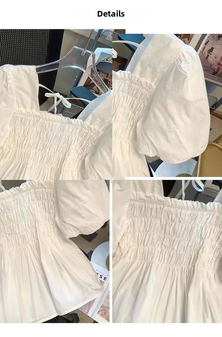 Blusa de Gasa con Manga Abullonada y Cuello Cuad, Estilo Verano 2025, para Mujer, Talla Pequeña
