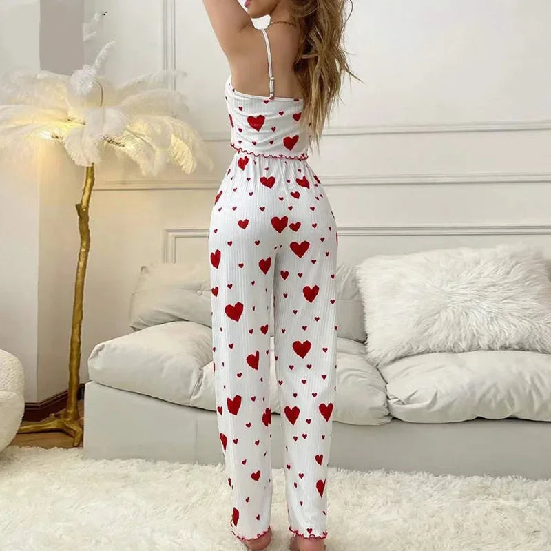 Regalo del Día de San Valentín Estampado de Corazones Sin Mangas Cami Tops con Pantalones Largos Conjunto de Pijamas de 2 Piezas para Mujer Ropa de Dormir Loungewear