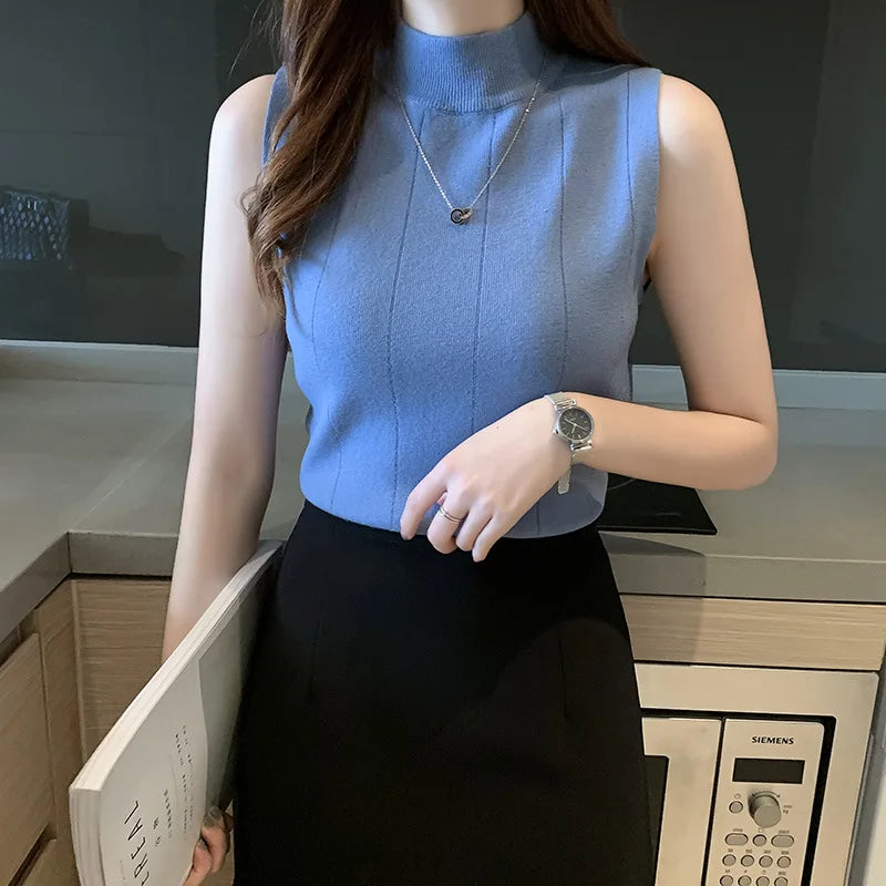 Novedad 2026: Chaleco de punto sin mangas de cuello medio alto, ajustado, de color liso, elegante y moderno, ideal como prenda interior para el día a día.