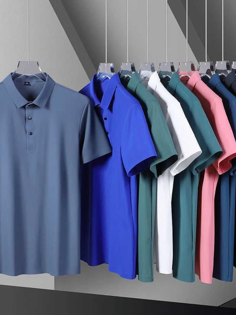 Polo de seda de hielo para hombre, camiseta de manga corta, elástica, sin hierro, fina, ligera, de lujo