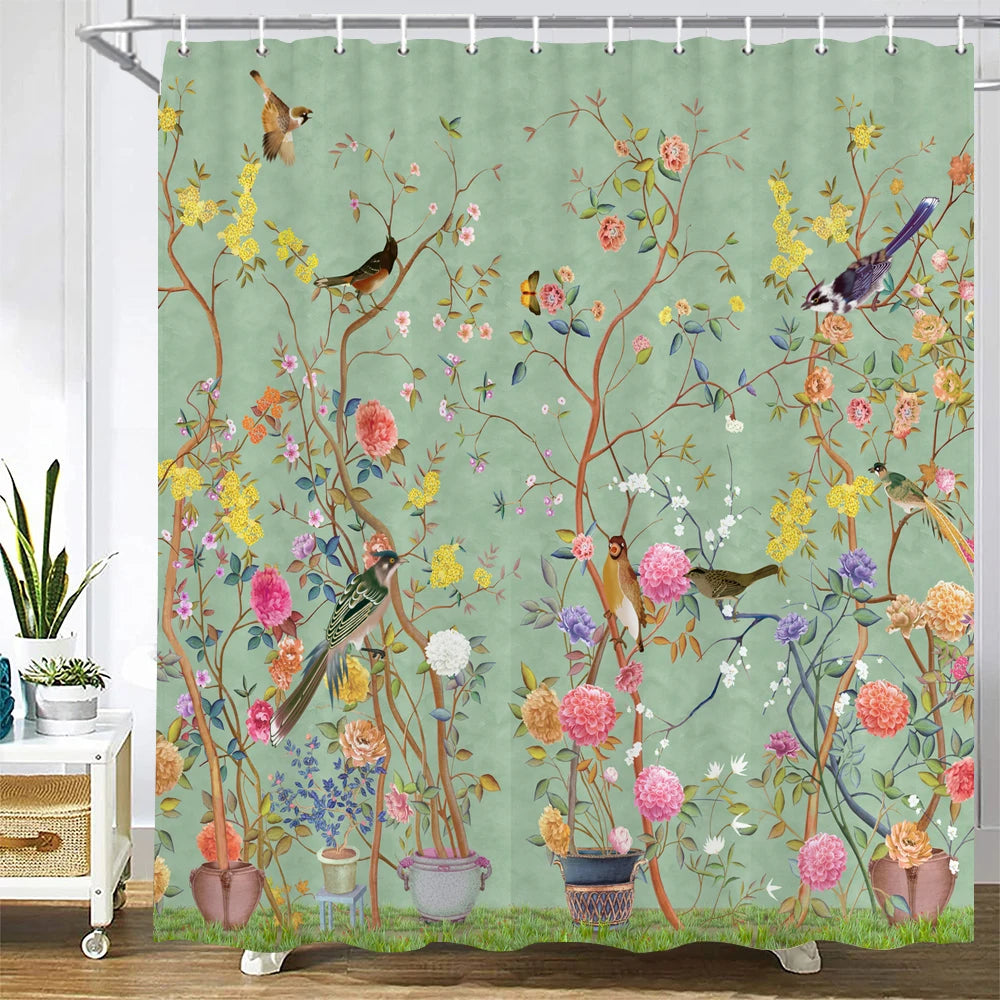 Cortinas de baño de flores, pájaros y plantas europeas, cortina de ducha impermeable, decoración de baño con impresión 3D con gancho, pantalla de baño