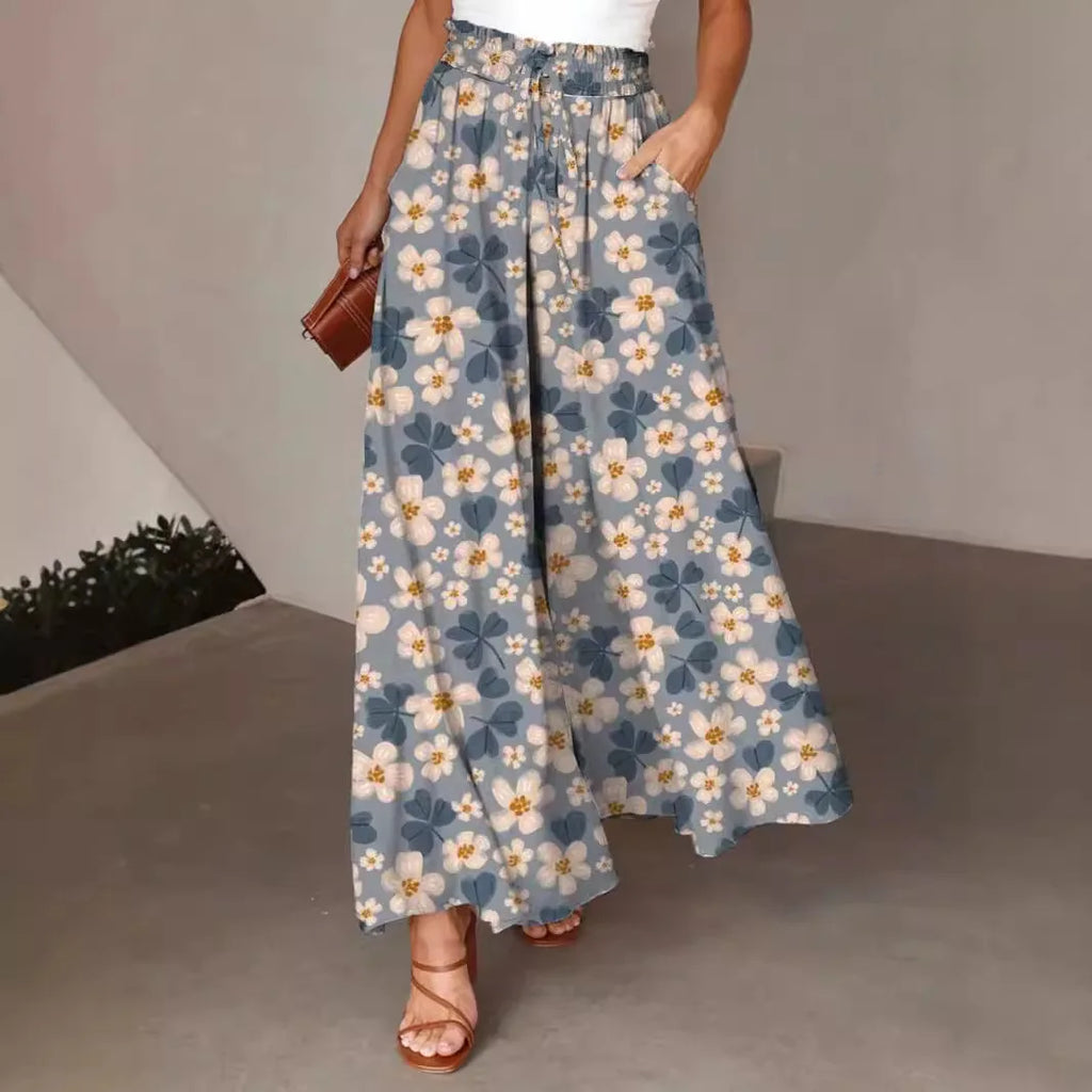 Pantalón largo de pierna ancha para mujer, Pantalón recto con estampado Floral, cintura elástica, ropa de calle Y2k, Capris Maxi elegante holgado de verano
