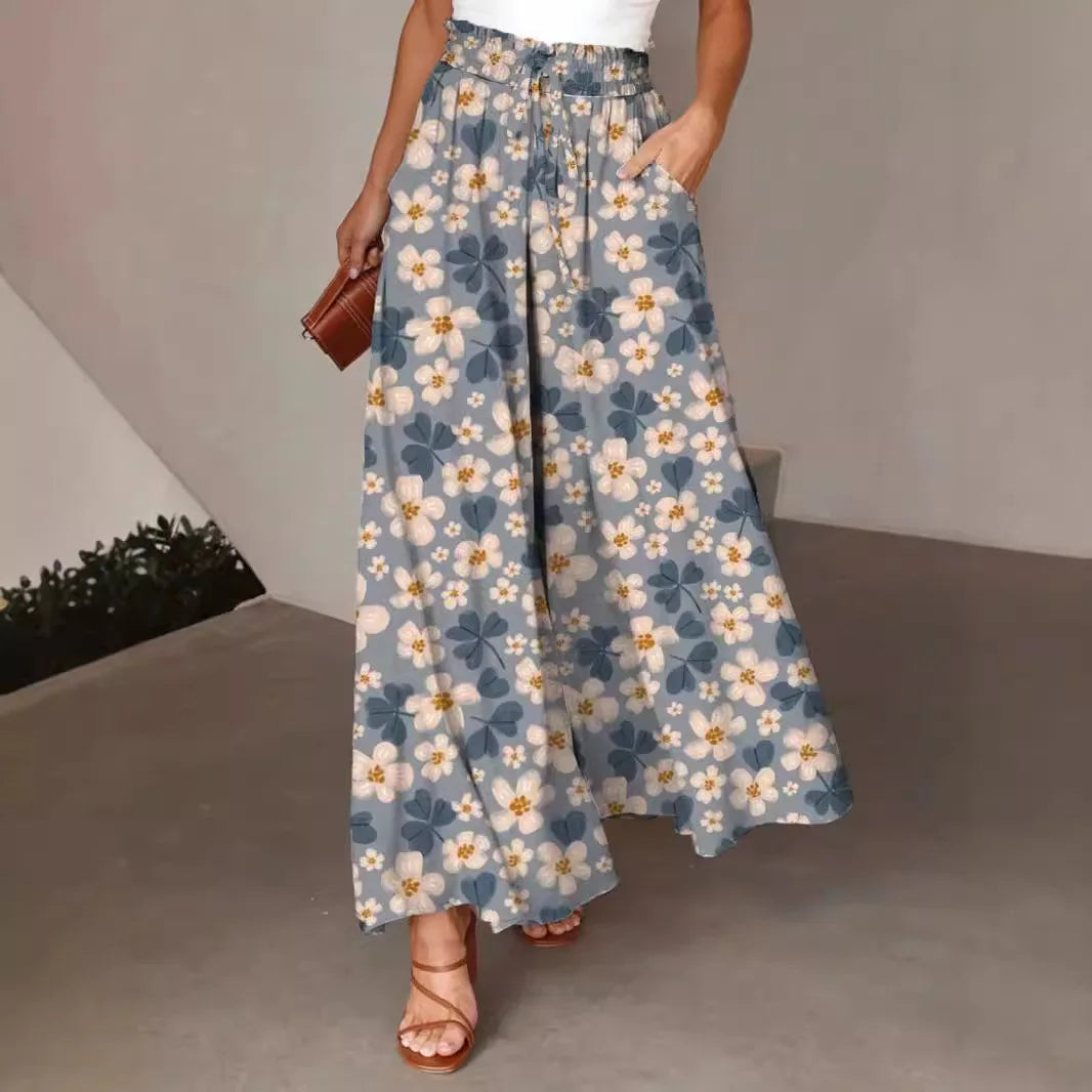 Pantalón largo de pierna ancha para mujer, Pantalón recto con estampado Floral, cintura elástica, ropa de calle Y2k, Capris Maxi elegante holgado de verano