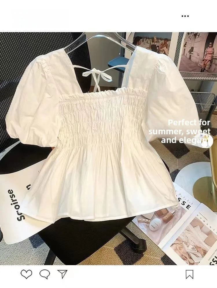 Blusa de Gasa con Manga Abullonada y Cuello Cuad, Estilo Verano 2025, para Mujer, Talla Pequeña