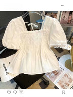 Blusa de Gasa con Manga Abullonada y Cuello Cuad, Estilo Verano 2025, para Mujer, Talla Pequeña