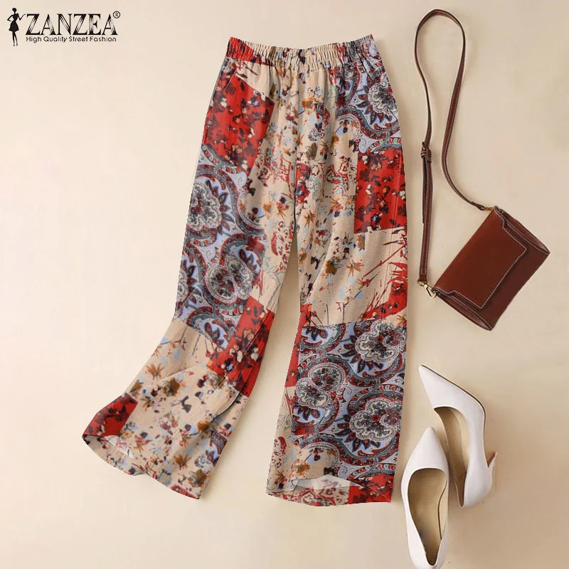 ZANZEA-pantalones informales de pierna ancha para mujer, pantalón Vintage con estampado Floral de Cachemira, cintura elástica, pantalones de algodón transpirables para primavera 2025