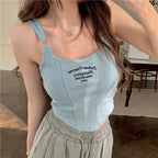 Top corto Y2K para mujer, camiseta sin mangas ajustada con dobladillo, informal, Sexy, ropa de calle blanca, camisetas sin mangas con letras y almohadilla，top mujer tops for women 2023，women's tops tees top y2k