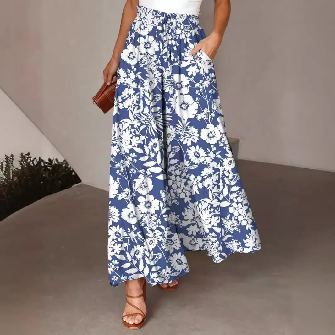Pantalón largo de pierna ancha para mujer, Pantalón recto con estampado Floral, cintura elástica, ropa de calle Y2k, Capris Maxi elegante holgado de verano
