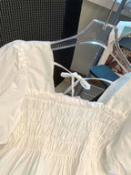 Blusa de Gasa con Manga Abullonada y Cuello Cuad, Estilo Verano 2025, para Mujer, Talla Pequeña