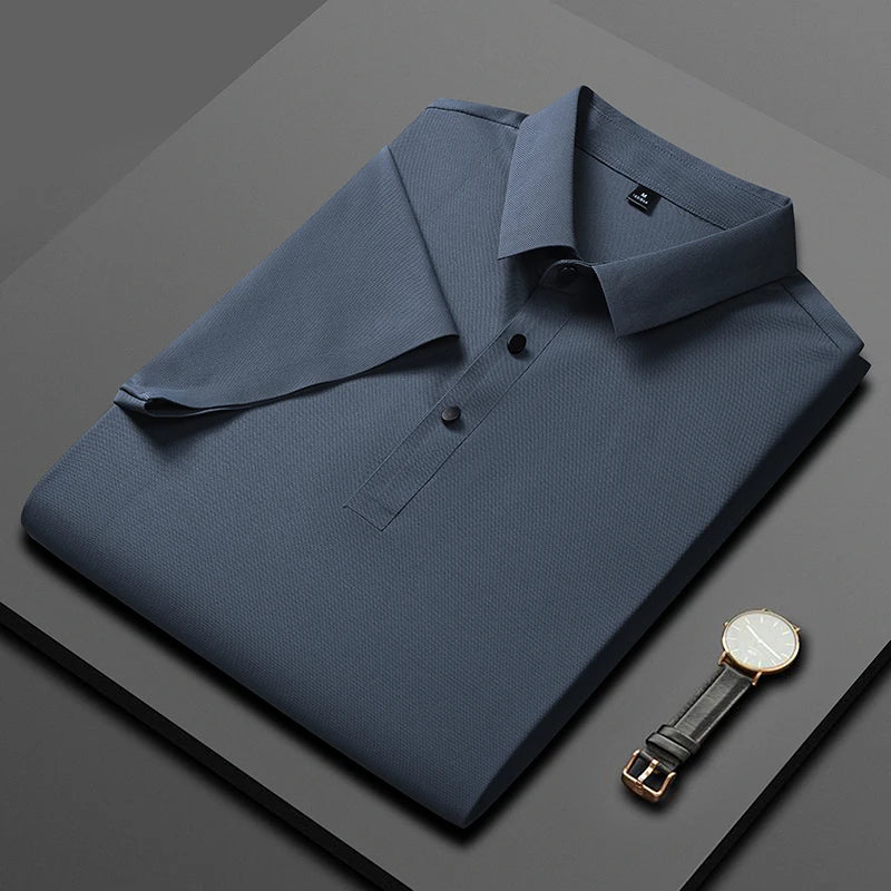 Polo de seda de hielo para hombre, camiseta de manga corta, elástica, sin hierro, fina, ligera, de lujo