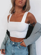Top corto sin mangas con cuello cuadrado para mujer, camiseta básica informal negra blanca, camisola con hombros descubiertos, camiseta sin mangas Sexy con espalda descubierta