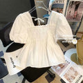 Blusa de Gasa con Manga Abullonada y Cuello Cuad, Estilo Verano 2025, para Mujer, Talla Pequeña