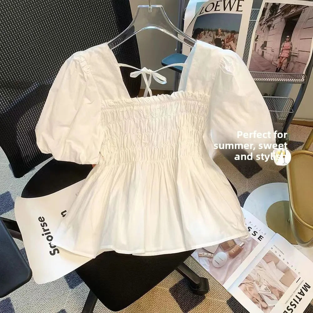 Blusa de Gasa con Manga Abullonada y Cuello Cuad, Estilo Verano 2025, para Mujer, Talla Pequeña