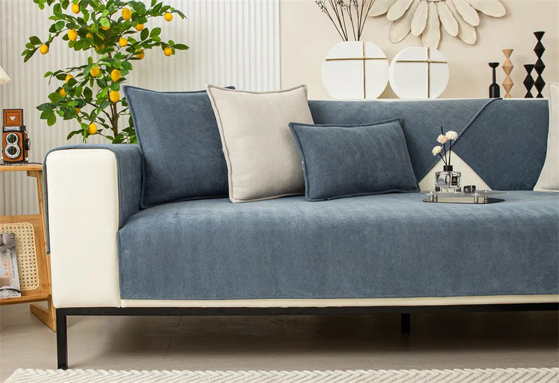 Cojín de sofá a rayas para sala de estar, funda de sofá Simple antideslizante, reposabrazos, respaldo Universal, tela de chenilla de Color sólido