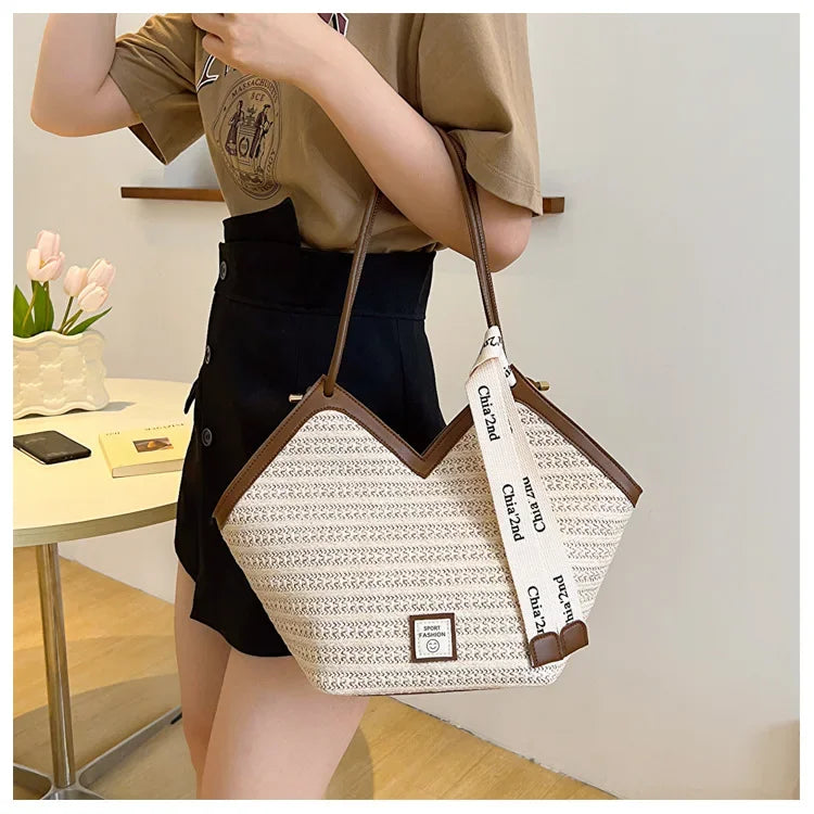 Bolso de hombro de paja para mujer, bolsa de hombro tejida a mano, estilo Retro, ideal para el verano