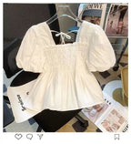 Blusa de Gasa con Manga Abullonada y Cuello Cuad, Estilo Verano 2025, para Mujer, Talla Pequeña