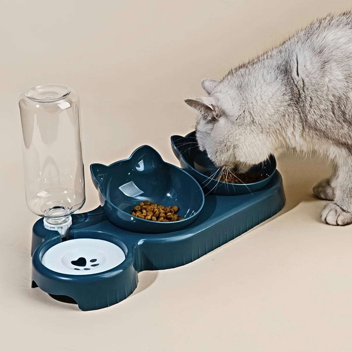 Cuencos para mascotas con alimentador de agua, diseño de oreja inclinado, juego de cuencos para agua y comida para gatos con botella de agua por gravedad para protección del cuello, 3 en 1