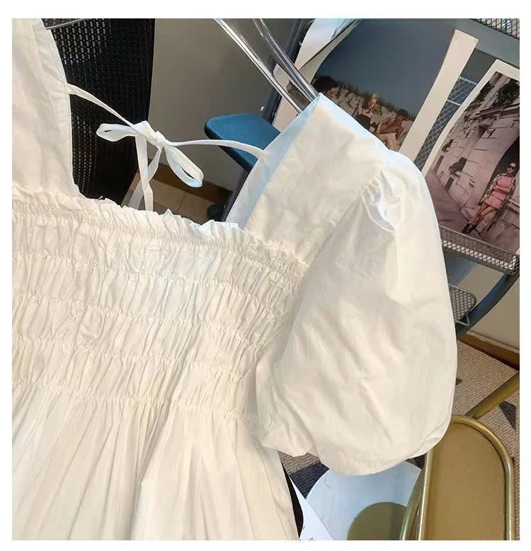 Blusa de Gasa con Manga Abullonada y Cuello Cuad, Estilo Verano 2025, para Mujer, Talla Pequeña