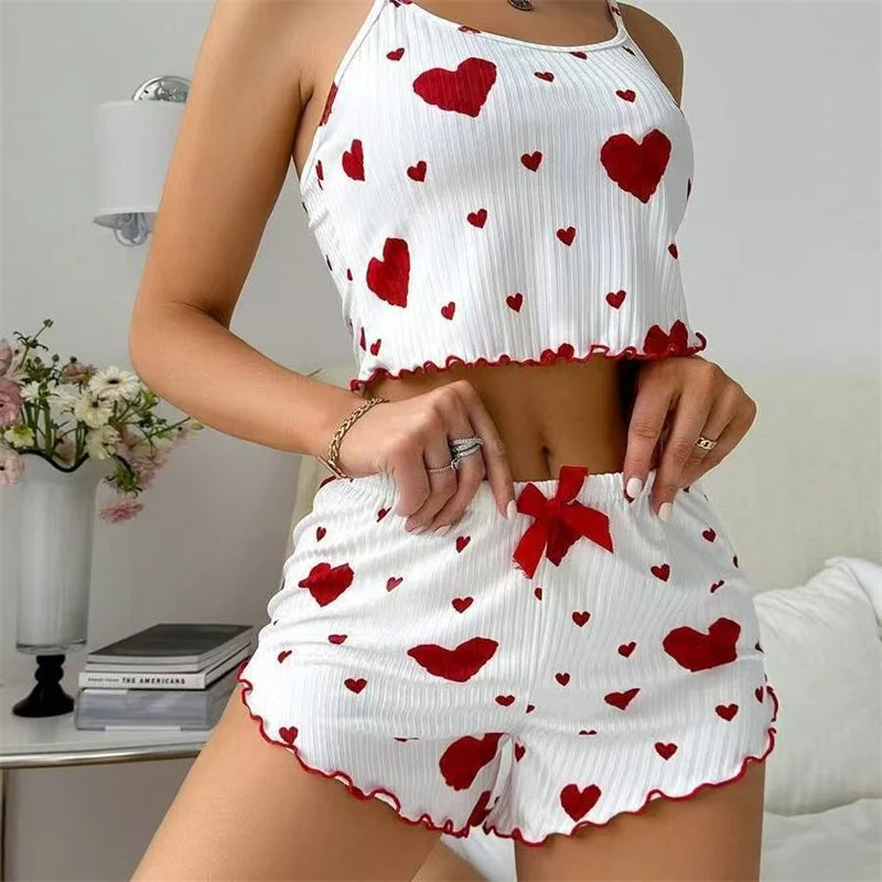 Conjunto de pijamas para mujer, ropa de dormir con tirantes, chaleco y pantalones cortos, ropa de dormir con estampado de corazón rojo, lencería Sexy, 5 tallas, S, L, XL, 2XL
