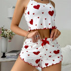 Conjunto de pijamas para mujer, ropa de dormir con tirantes, chaleco y pantalones cortos, ropa de dormir con estampado de corazón rojo, lencería Sexy, 5 tallas, S, L, XL, 2XL