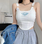 Top corto Y2K para mujer, camiseta sin mangas ajustada con dobladillo, informal, Sexy, ropa de calle blanca, camisetas sin mangas con letras y almohadilla，top mujer tops for women 2023，women's tops tees top y2k