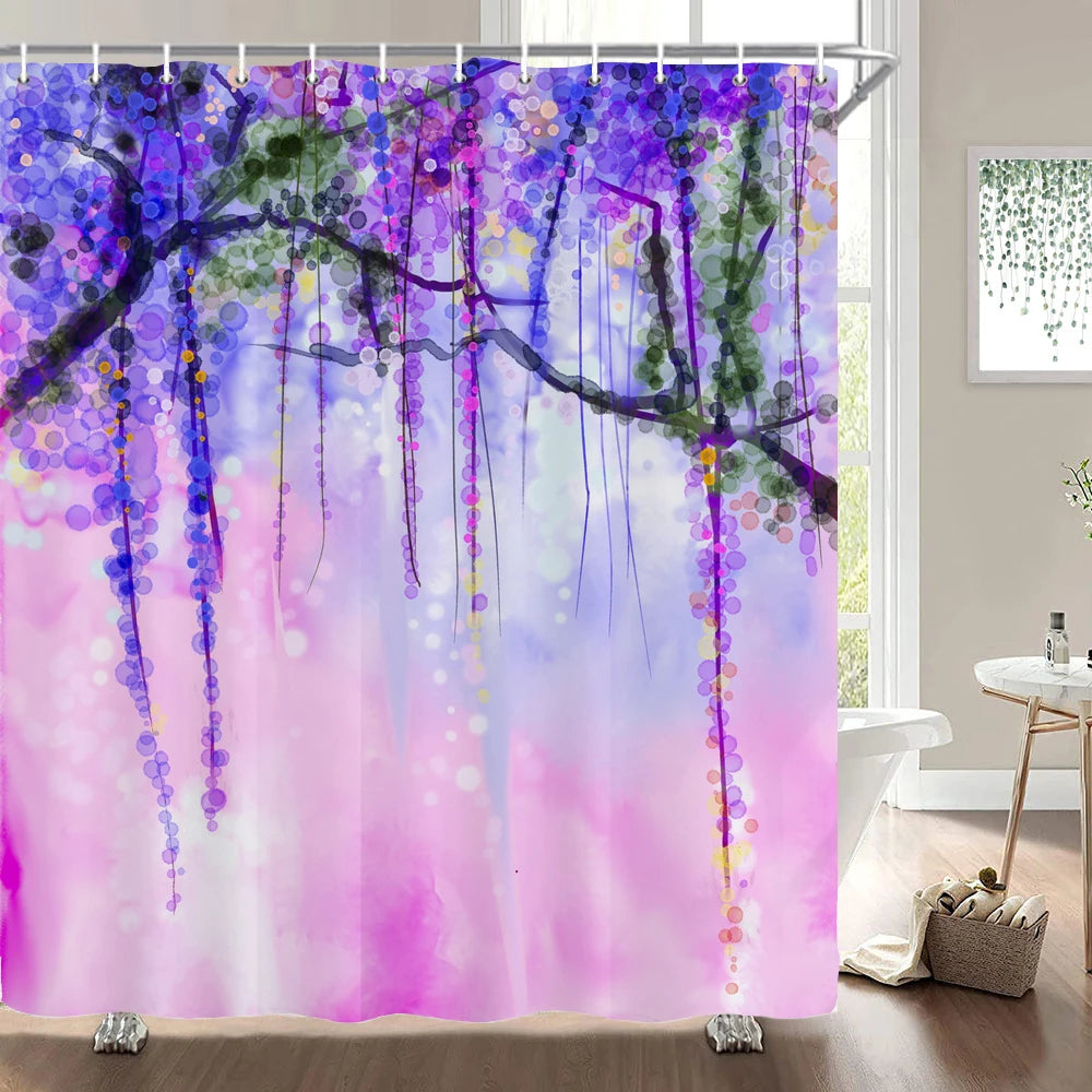 Cortinas de baño de flores, pájaros y plantas europeas, cortina de ducha impermeable, decoración de baño con impresión 3D con gancho, pantalla de baño