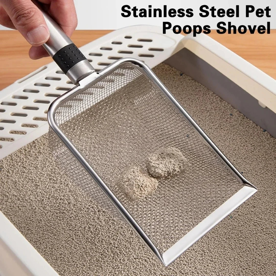 Cuchara de acero inoxidable para arena de gatos, duradera, fácil de limpiar, mango ergonómico, resistente al óxido, Ideal para la eliminación rápida de residuos