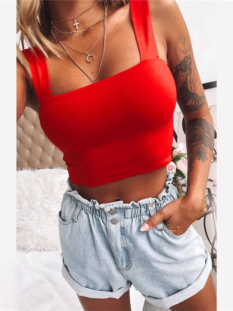Top corto sin mangas con cuello cuadrado para mujer, camiseta básica informal negra blanca, camisola con hombros descubiertos, camiseta sin mangas Sexy con espalda descubierta