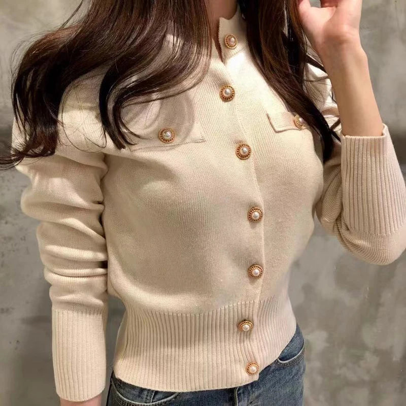 Otoño de manga larga de moda cárdigans para mujer suéter de punto abrigo corto Casual de un solo pecho coreano ajustado Chic señoras Tops 17375