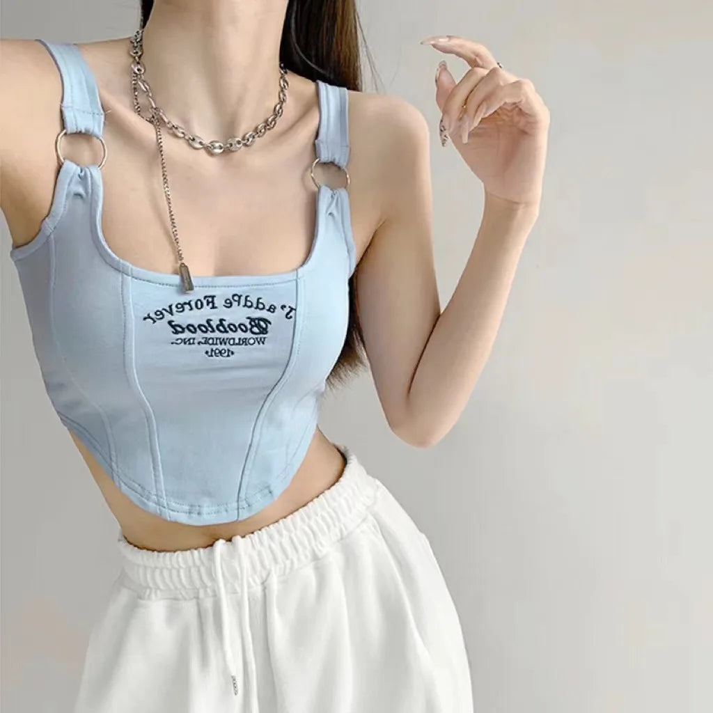 Top corto Y2K para mujer, camiseta sin mangas ajustada con dobladillo, informal, Sexy, ropa de calle blanca, camisetas sin mangas con letras y almohadilla，top mujer tops for women 2023，women's tops tees top y2k
