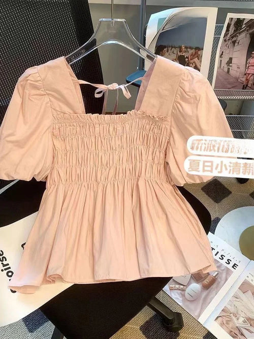 Blusa de Gasa con Manga Abullonada y Cuello Cuad, Estilo Verano 2025, para Mujer, Talla Pequeña