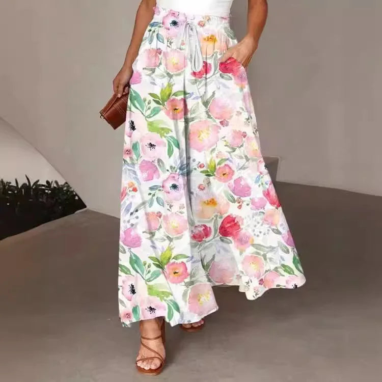Pantalón largo de pierna ancha para mujer, Pantalón recto con estampado Floral, cintura elástica, ropa de calle Y2k, Capris Maxi elegante holgado de verano