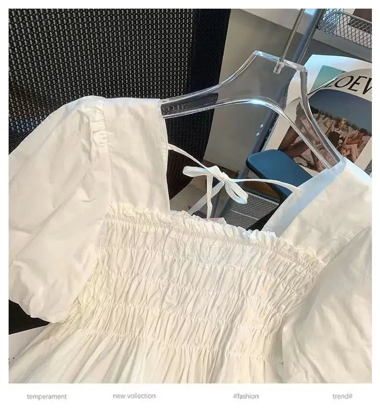 Blusa de Gasa con Manga Abullonada y Cuello Cuad, Estilo Verano 2025, para Mujer, Talla Pequeña
