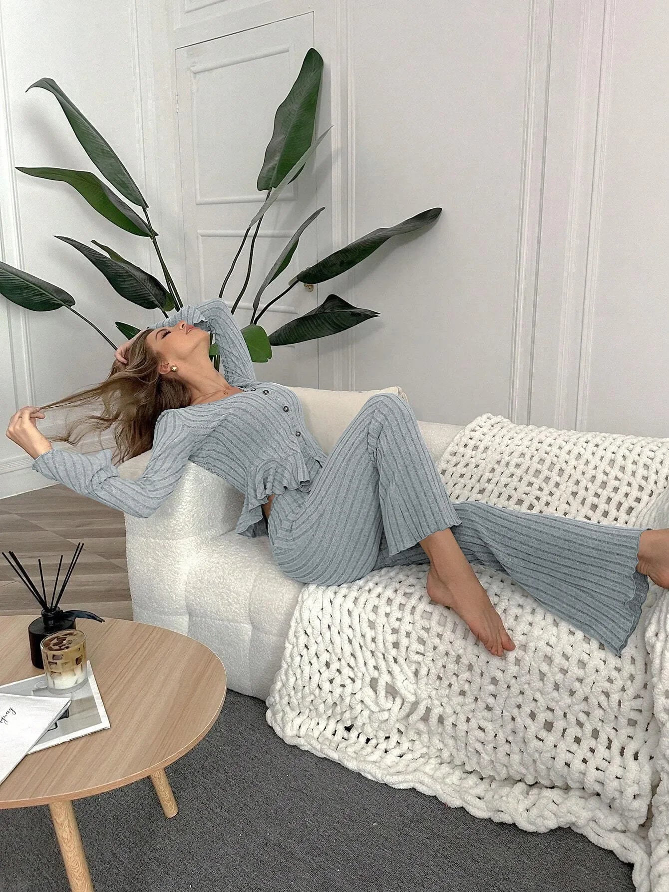 Ropa de dormir para mujer, conjuntos de pijamas de otoño e invierno, dos piezas, Tops y pantalones sexis de manga larga con cuello en V, ropa de descanso para el hogar