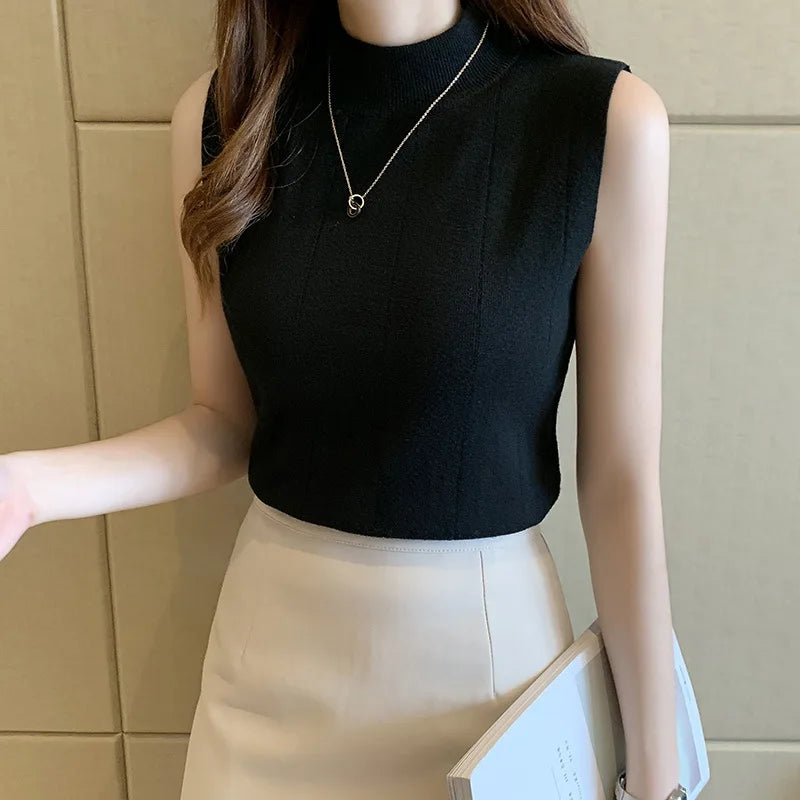 Novedad 2026: Chaleco de punto sin mangas de cuello medio alto, ajustado, de color liso, elegante y moderno, ideal como prenda interior para el día a día.