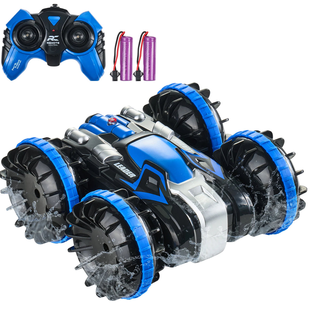 SucceBuy Barco de coche RC anfibio azul/amarillo 2,4 GHz 12 km/h Control remoto eléctrico 360 °   Coche acrobático giratorio, juguetes para piscina de playa y agua
