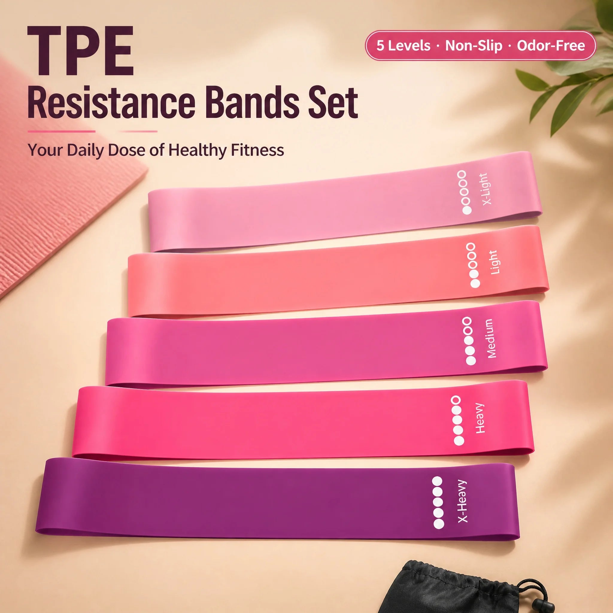 Juego de Bandas de Resistencia TPE de 5 Niveles, Bandas de Ejercicio Antideslizantes para Cadera, Piernas y Glúteos, para Entrenamiento, Yoga y Fitness