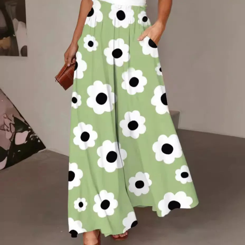 Pantalón largo de pierna ancha para mujer, Pantalón recto con estampado Floral, cintura elástica, ropa de calle Y2k, Capris Maxi elegante holgado de verano