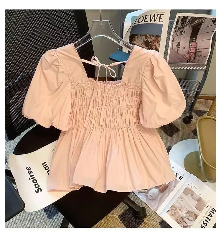 Blusa de Gasa con Manga Abullonada y Cuello Cuad, Estilo Verano 2025, para Mujer, Talla Pequeña