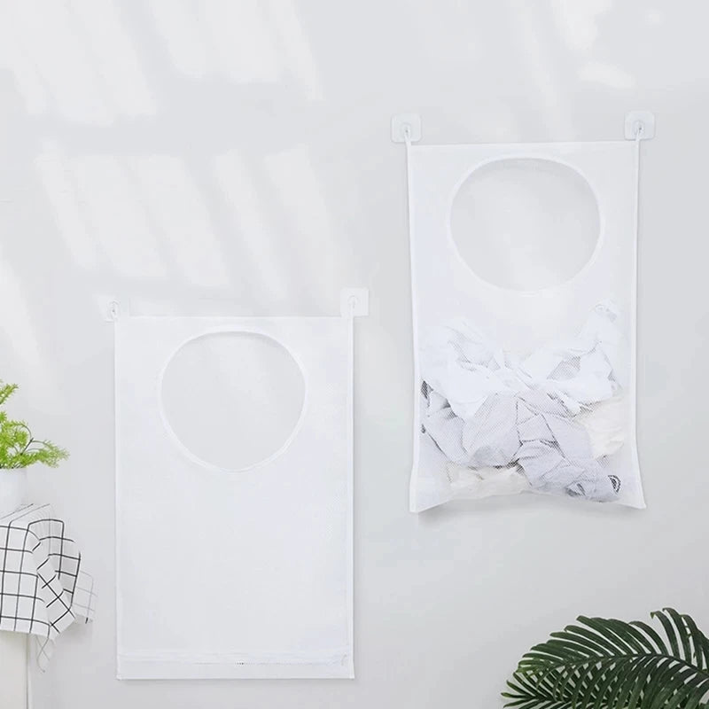 Bolsa de almacenamiento de ropa sucia, cesta con marco, cubo de malla plegable para lavandería, baño, colgante de pared, organizador de ropa para el hogar con gancho