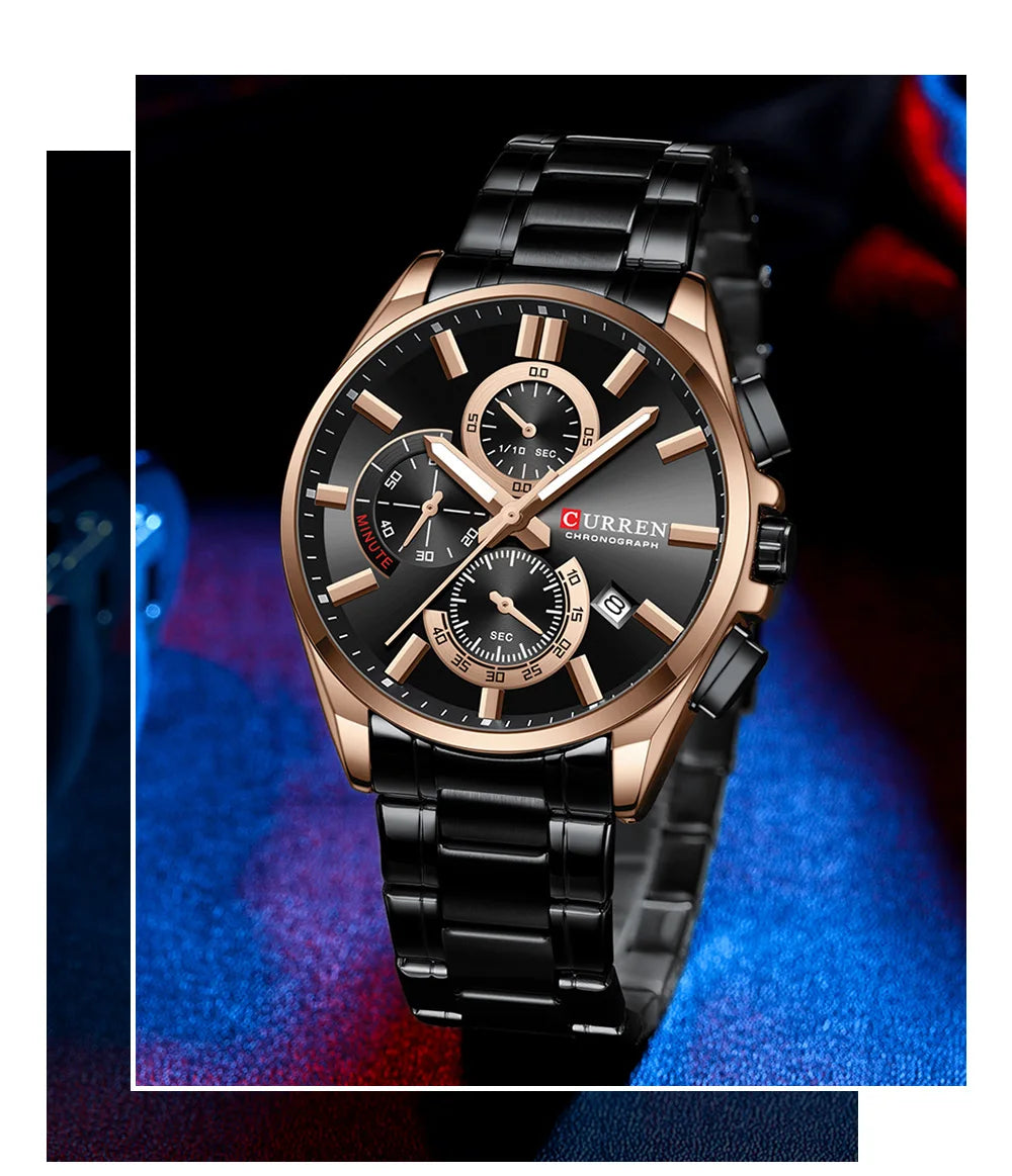 Relojes CURREN para hombre, relojes de lujo de primeras marcas para hombre, cronógrafo Original resistente al agua de acero inoxidable, fase lunar, fecha, esfera giratoria