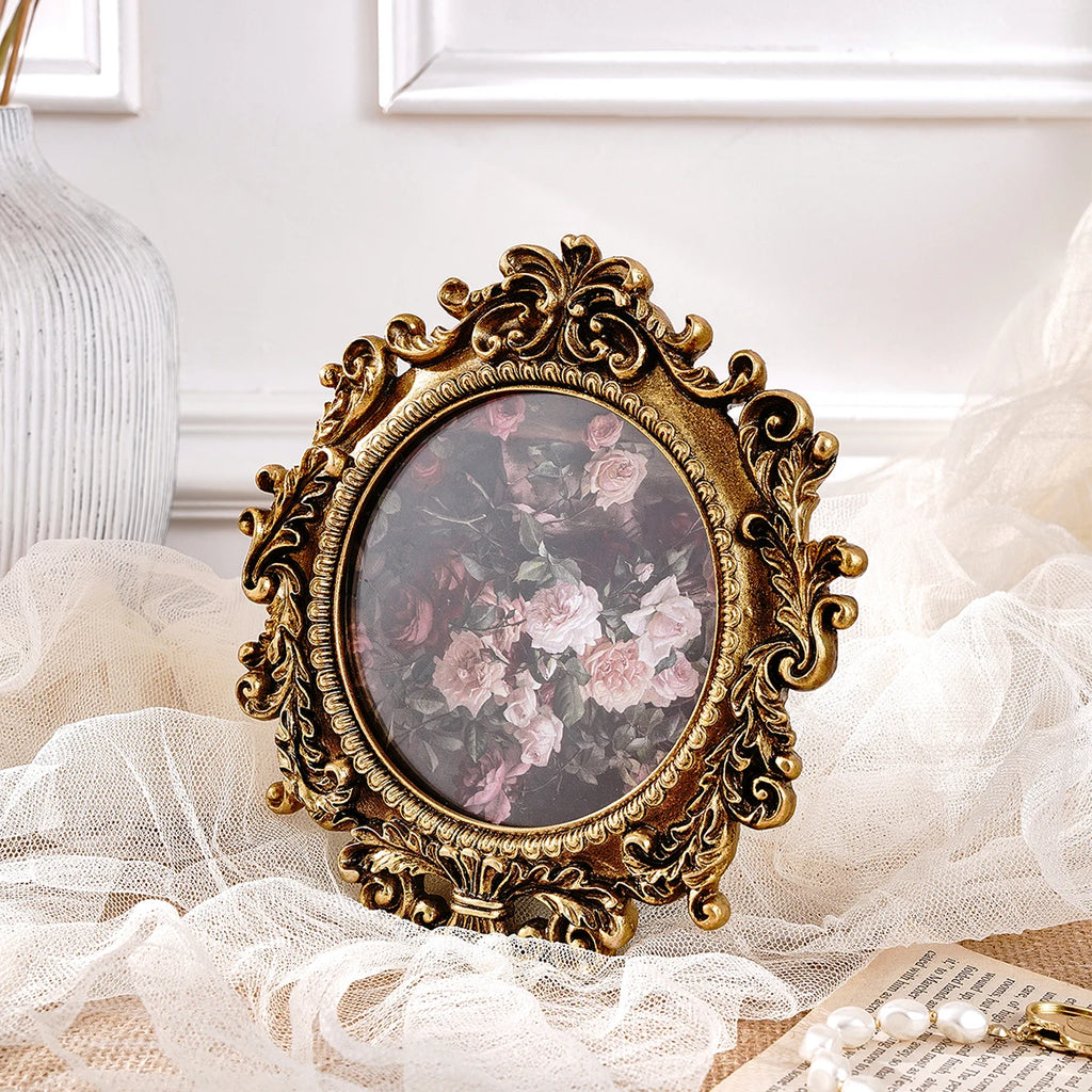 Marco de fotos redondo con decoración de encaje dorado Retro, adecuado para exhibición de fotos, decoración del hogar, accesorios de fotografía, 1 ud.