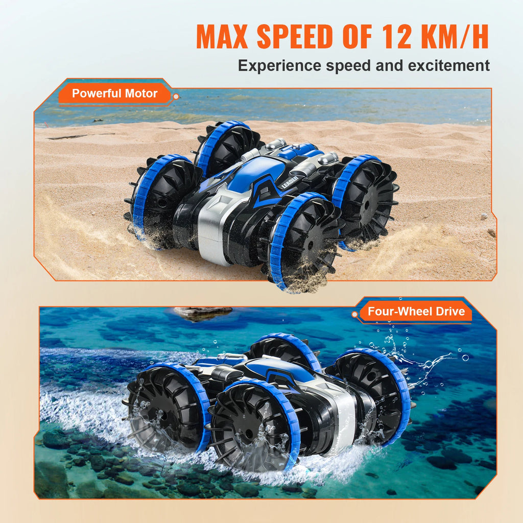 SucceBuy Barco de coche RC anfibio azul/amarillo 2,4 GHz 12 km/h Control remoto eléctrico 360 °   Coche acrobático giratorio, juguetes para piscina de playa y agua